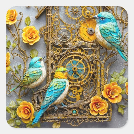 Steampunk vogels met gouden rozen vierkante sticker (Voorkant)