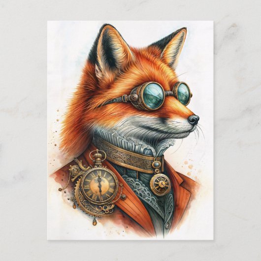 Steampunk Vos - Tijdhouder Waterverf Briefkaart (Voorkant)