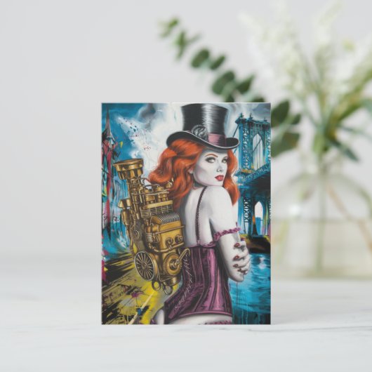 Steampunk vrouw bij de rivier briefkaart (Staand voorkant)