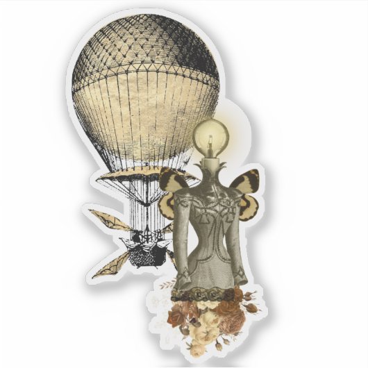 Steampunk Vrouw Bust en vliegmachine Sticker (Voorkant)