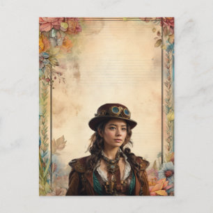 Steampunk Vrouw en  Bloemen Briefpapier Briefkaart