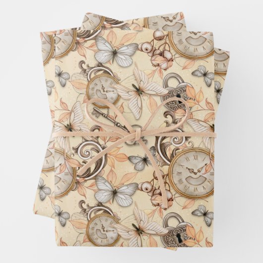 Steampunk Watch en Butterflies Pastel Inpakpapier Vel (In situ)