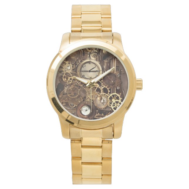 Steampunk Watch Gears Gold Mannen Art Watch Horloge (Voorkant)