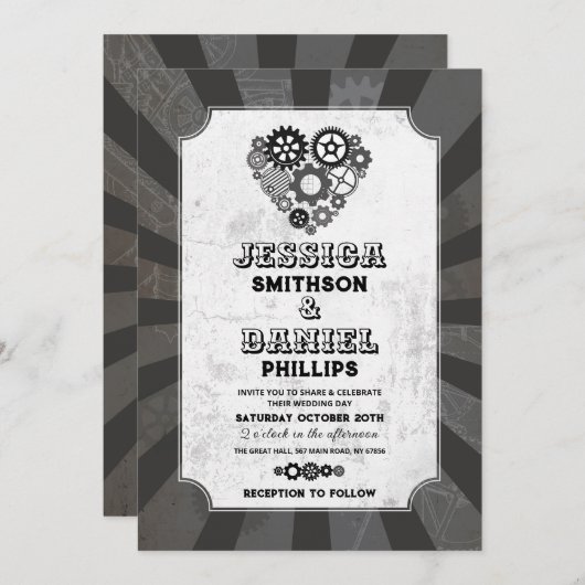 Steampunk Wedding Hearts Cogs Retrofuturistisch Kaart (Voorkant / Achterkant)
