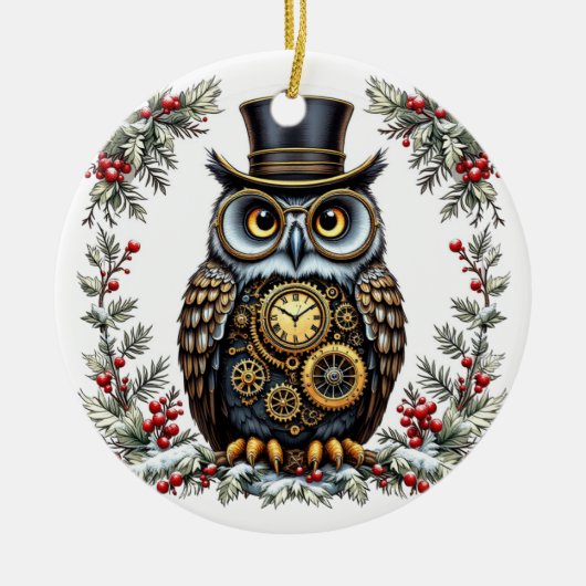 Steampunk Weihnachts-Eule Keramisch Ornament (Voorkant)