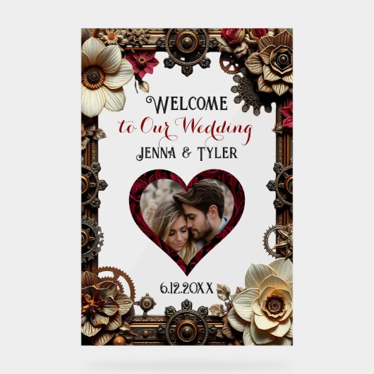 Steampunk Welkom op onze bruiloft gepersonaliseerd Acryl Bord (Voorkant)