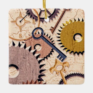 Steampunk Wielen, tandwielen, sleutels, oude steen Keramisch Ornament