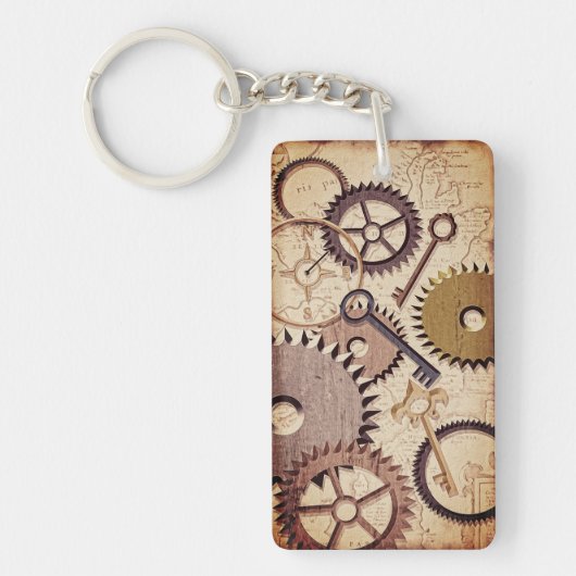 Steampunk Wielen, tandwielen, sleutels, oude steen Sleutelhanger (Voorkant)