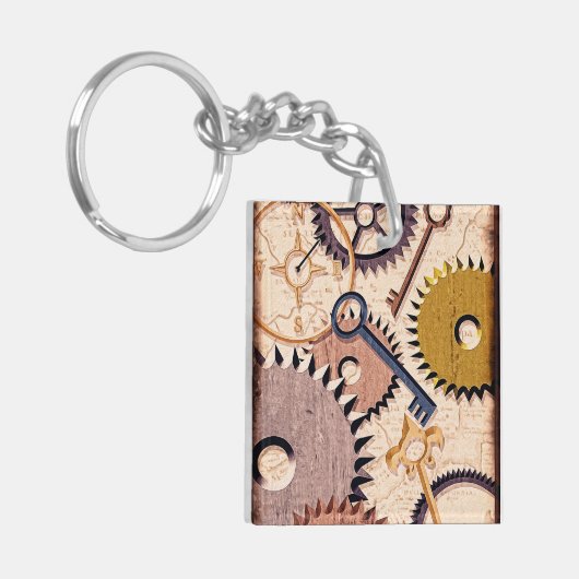 Steampunk Wielen, tandwielen, sleutels, oude steen Sleutelhanger (Voorkant Links)