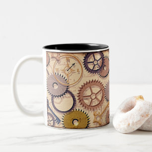 Steampunk Wielen, tandwielen, sleutels, oude steen Tweekleurige Koffiemok
