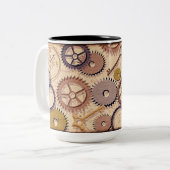 Steampunk Wielen, tandwielen, sleutels, oude steen Tweekleurige Koffiemok (Voorkant links)