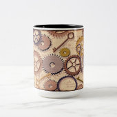 Steampunk Wielen, tandwielen, sleutels, oude steen Tweekleurige Koffiemok (Center)