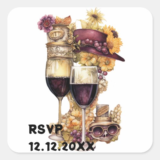 Steampunk wijn rsvp vierkante sticker (Voorkant)