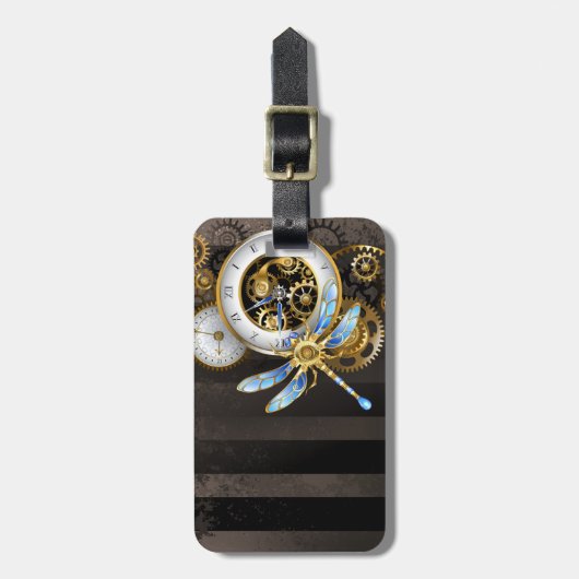 Steampunk-wijzerplaten met dragonfly bagagelabel (Voorkant verticaal)