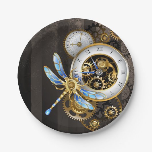 Steampunk-wijzerplaten met dragonfly papieren bordje (Voorkant)