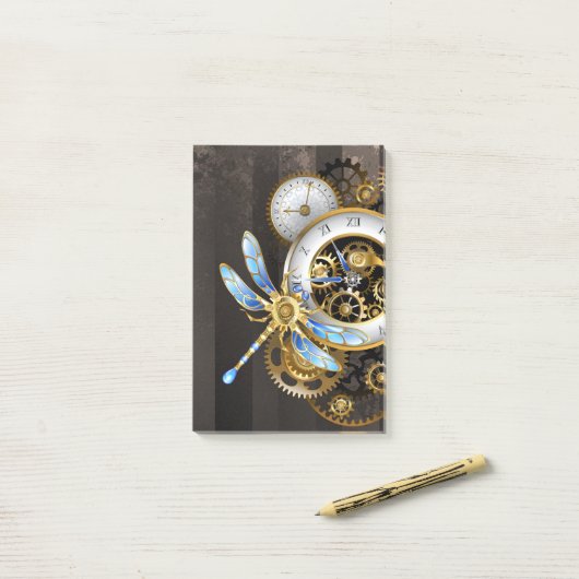 Steampunk-wijzerplaten met dragonfly post-it® notes (Op bureau)