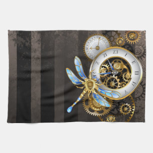 Steampunk-wijzerplaten met dragonfly theedoek