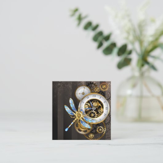 Steampunk-wijzerplaten met dragonfly vierkante visitekaartje (Staand voorkant)
