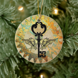Steampunk Winged Key en Cog Wheel Keramisch Ornament