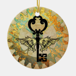 Steampunk Winged Key en Cog Wheel Keramisch Ornament