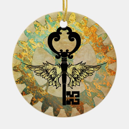 Steampunk Winged Key en Cog Wheel Keramisch Ornament (Voorkant)