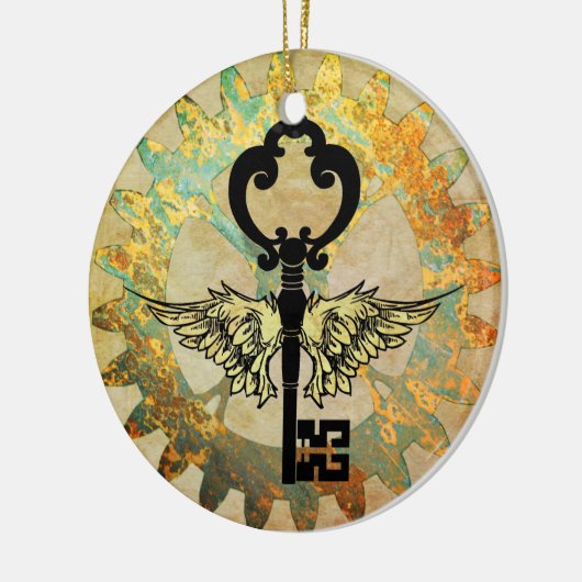 Steampunk Winged Key en Cog Wheel Keramisch Ornament (Links)