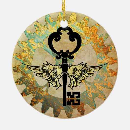 Steampunk Winged Key en Cog Wheel Keramisch Ornament (Achterkant)