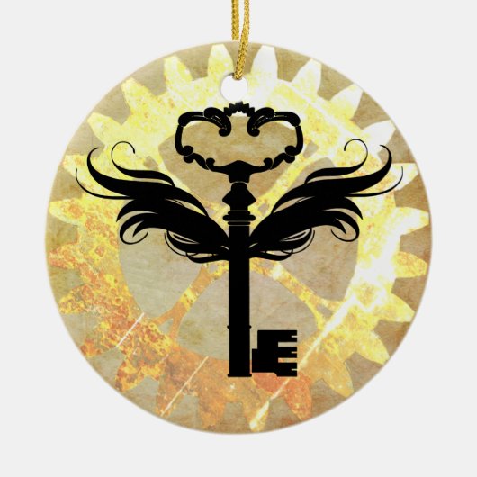 Steampunk Winged Key en Cog Wheel Keramisch Ornament (Voorkant)