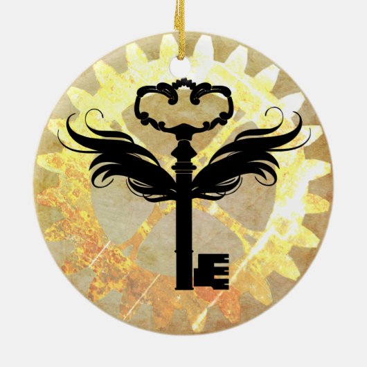 Steampunk Winged Key en Cog Wheel Keramisch Ornament (Achterkant)