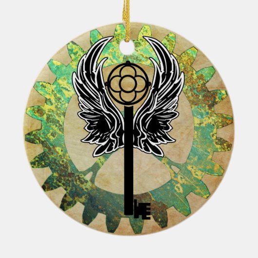 Steampunk Winged Key en Cog Wheel Keramisch Ornament (Achterkant)