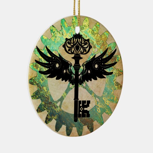 Steampunk Winged Key en Cog Wheel Keramisch Ornament (Rechts)