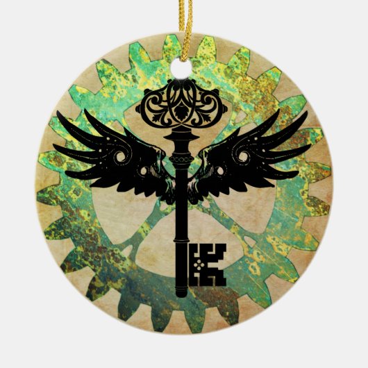 Steampunk Winged Key en Cog Wheel Keramisch Ornament (Voorkant)