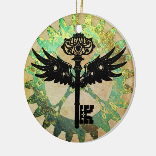 Steampunk Winged Key en Cog Wheel Keramisch Ornament (Links)