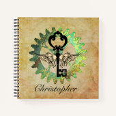Steampunk Winged Key en Cog Wheel Spiral Notitiebo Notitieboek (Voorkant)