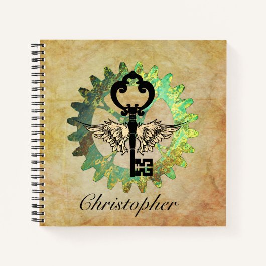Steampunk Winged Key en Cog Wheel Spiral Notitiebo Notitieboek (Voorkant)