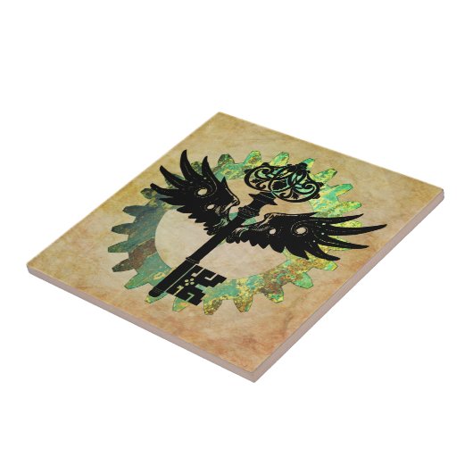 Steampunk Winged Key en Cog Wheel Tegeltje (Zijkant)