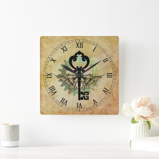 Steampunk Winged Key en Cog Wheel Vierkante Klok (Huis)
