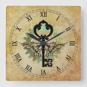 Steampunk Winged Key en Cog Wheel Vierkante Klok (Voorkant)