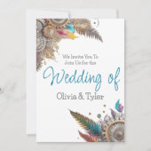 Steampunk, witte bloemen en veren bruiloft kaart (Voorkant)