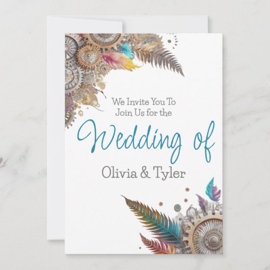 Steampunk, witte bloemen en veren bruiloft kaart (Voorkant)