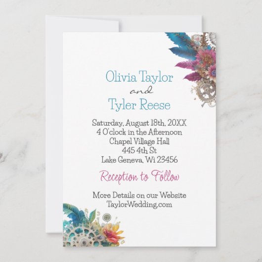 Steampunk, witte bloemen en veren bruiloft kaart (Achterkant)