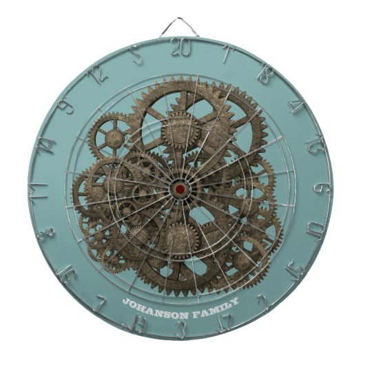 Steampunk Worn Gears Blue 19th Century Machine Dartbord (Voorkant)