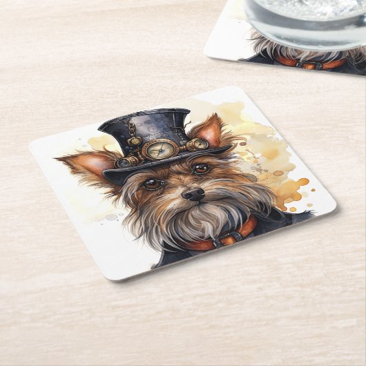 Steampunk Yorkshire Terrier Hond Kartonnen Onderzetters (Schuin)