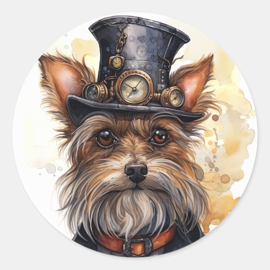 Steampunk Yorkshire Terrier Hond Ronde Sticker (Voorkant)