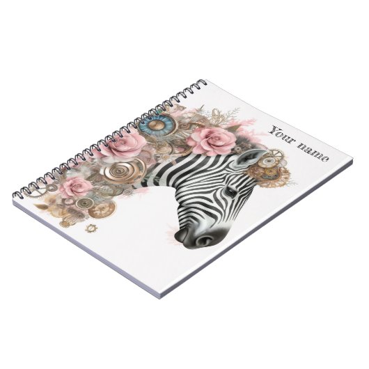 Steampunk zebra met roze bloemen notitieboek (Linkerzijde)