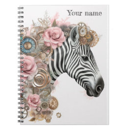 Steampunk zebra met roze bloemen notitieboek