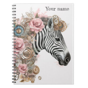 Steampunk zebra met roze bloemen notitieboek