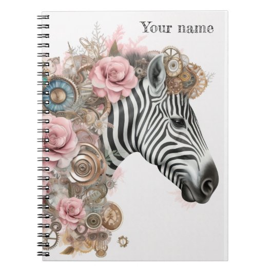 Steampunk zebra met roze bloemen notitieboek (Voorkant)