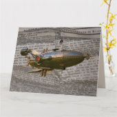 STEAMPUNK ZEPPELIN BLIMP NEWSPAPER BIRTHDAAGKAARTE KAART (Gele Bloem)