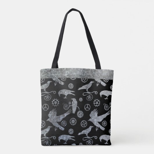 Steampunk Zilver Zink Tandwielen en Kraaien Custom Tote Bag (Achterkant)